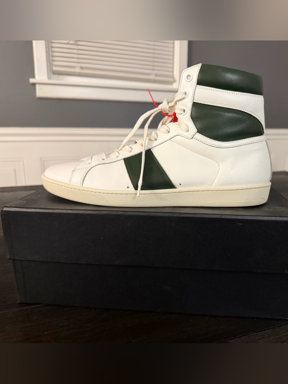Yves Saint Laurent White and Dark Green High-Top Sneakers